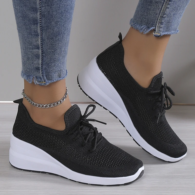 2024 Spring Breathable Wedge Sneakers Women Mesh Knitted Platform Sports Shoes Woman Casual Non-Slip Lace Up Tennis Shoes Ladies