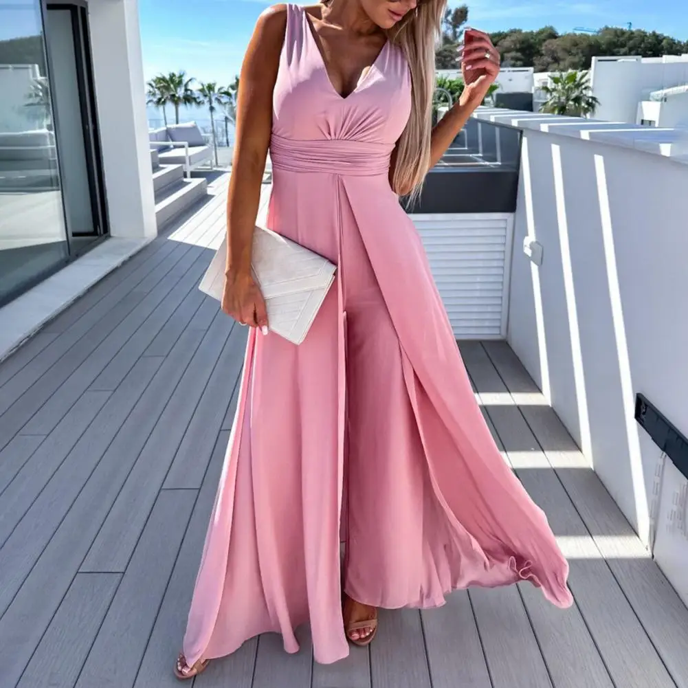 

Sexy V-neck Waist Long Jumpsuits Women Elegant Sleeveless Drifting Straight Romper Summer Casual Wide Leg Pant Playsuit Overalls