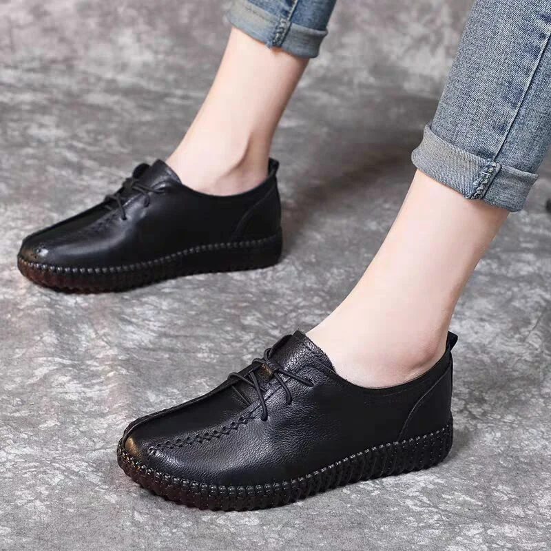 Women Casual Shoes Spring New Vintage Lace Up Soft Soled Non Slip Women Flats Oxford Shoes Soft Leather Woman Single