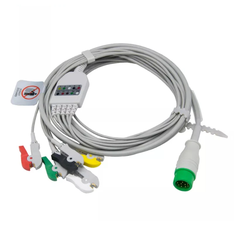 ECG Cable One Piece 5 Lead Wires 12 Pin Clip Grabber AHA Standard for