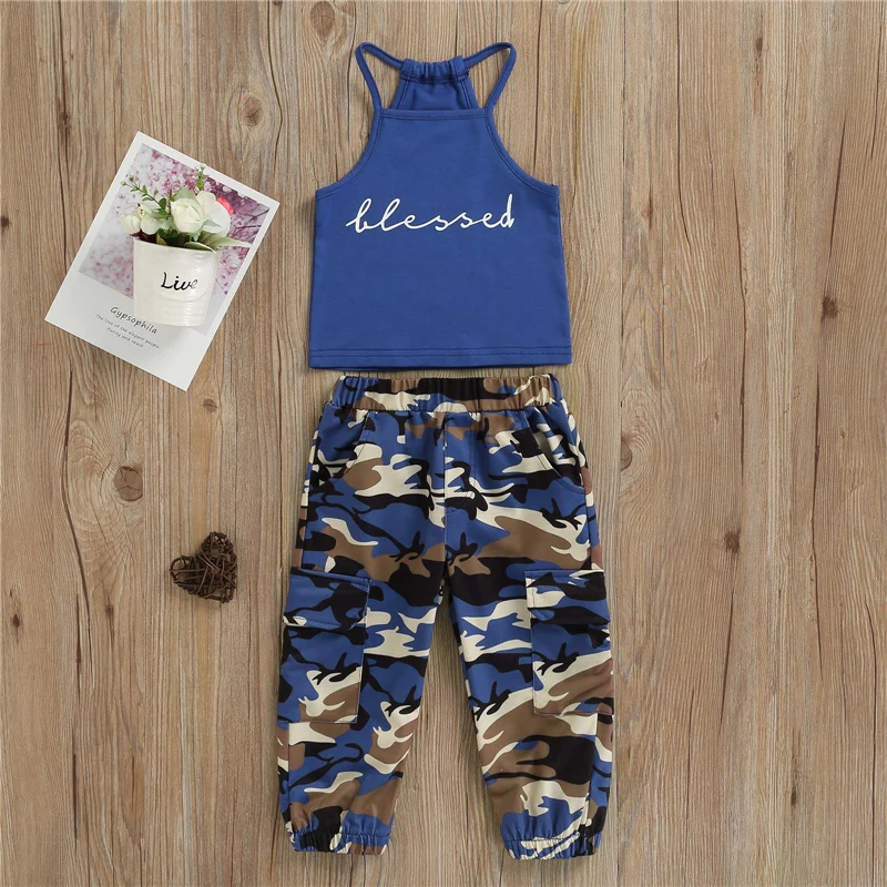 Kid Girls Long Pants Outfits Sleeveless Letter Print Sling Tank Tops+Elastic Waist Camouflage Pattern Pockets Pants Set 1-6Years