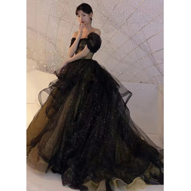 

Women's Evening Dress Black Luxury Elegant Slash Neck Off Shoulder A-Line Layered Floor-Length Banquet Dresses Prom Wear