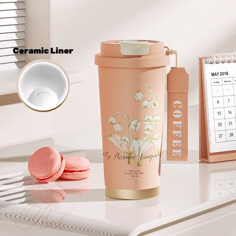 High Grade Elegant Flower Ceramic Liner 316 Stainless Steel Bell Orchid Coffee Mug Hot Cold Thermal Mug Gift Leather Sleeve