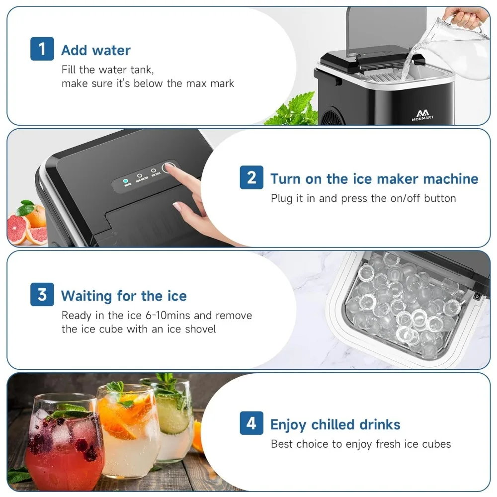Ice Maker Countertop, LED Display Portable Ice Maker Machine with Handle, 26.5lbs/24Hrs,8 Cubes in 6 Mins,fr Home Kitchen,Office 4
