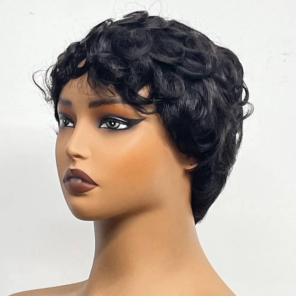 Full Machine Made Wigs Brazilian Remy Hair Pixie Cut Wig Short Bob 100% Human Hair Curly Wig With Bangs Glueless For Black Women