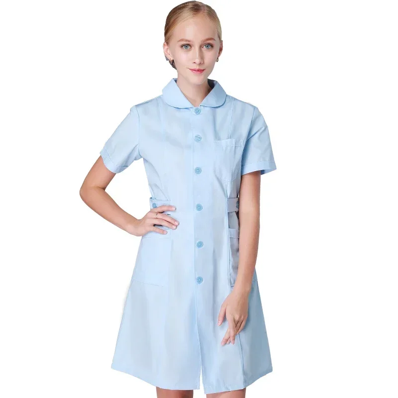 Nurse Uniform White Dress Coat Nurse Working Uniform Doctor Nurse Workwear Healthcare Gown Solid Color Long Scrub Dresses