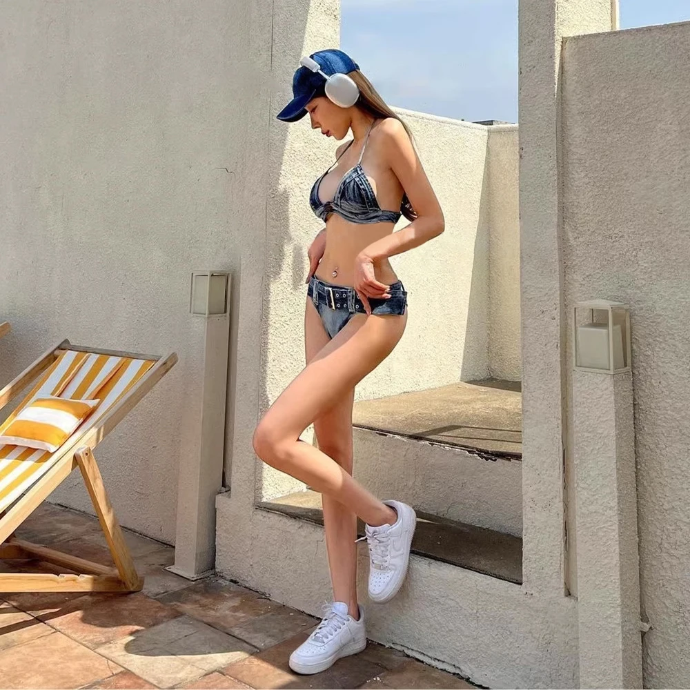 Denim bikini slimming split body strap swimsuit female personality belt swimsuit vacation 873