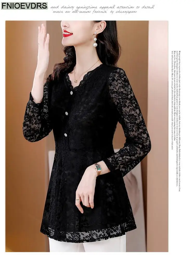 M-4XL 2023 Women Hot Sales Elegant Office Lady Work Button Black Lace Shirt Casual Belly A Line Tunic Peplum Tops And Blouses