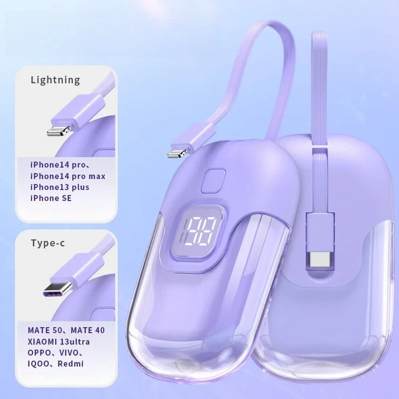 High Capacity 22.5W 10000mAh with Lightning Type-c Cable Mini Digital Display Power Bank with Built-in Cables Ultra-Portable 2