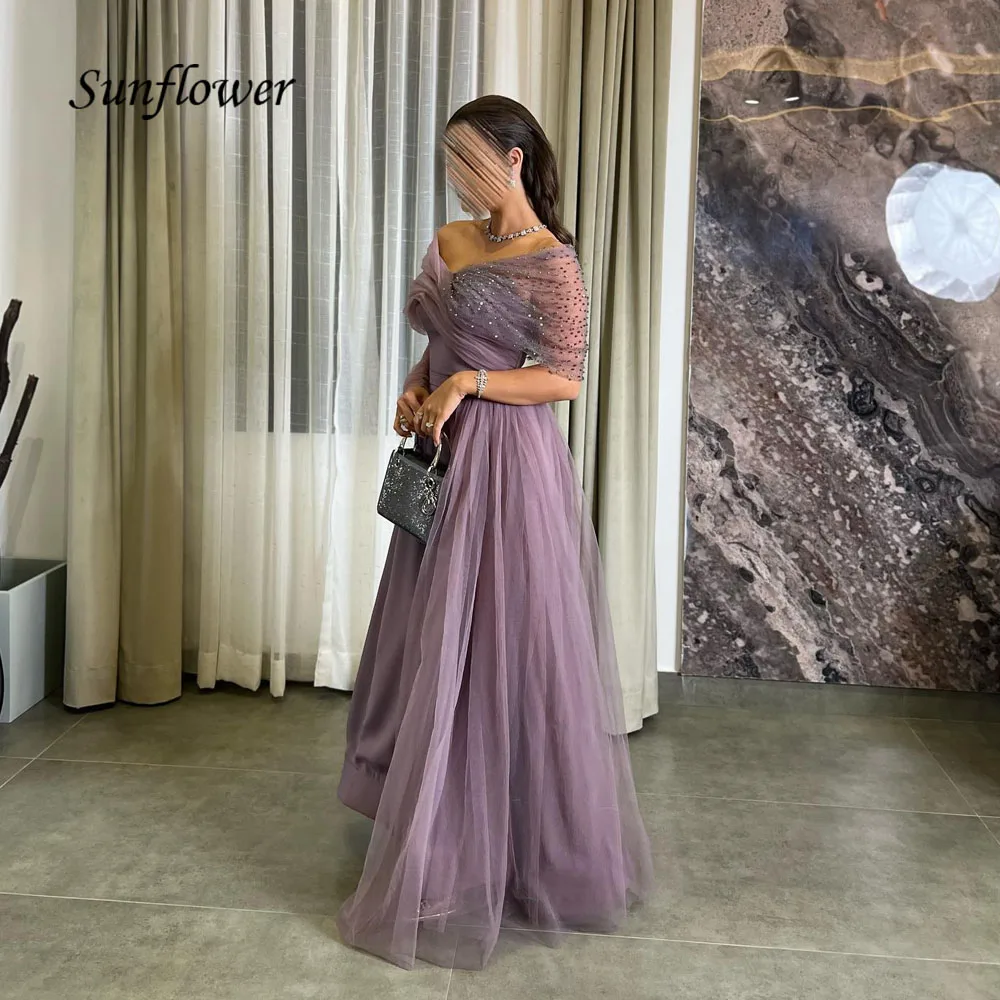 

Sunflower Purple V-Neck Formal Evening Dress 2023 Slim Crepe A-LINE Prom dress Tulle Half Sleeves Floor-Length Party Dress