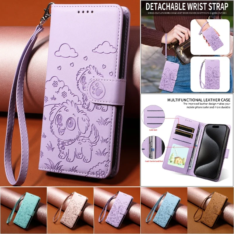 Love Dog Anti-Theft Leather Wallet Phone Case with Brush Lanyard and Card Holder