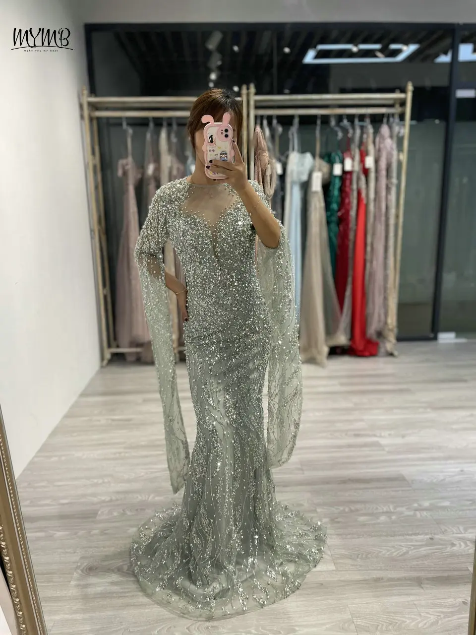 MYMB Grünes, elegantes Abendkleid mit Rundhalsausschnitt, langen, transparenten Ärmeln und Flügelärmeln, glitzerndes Meerjungfrau-Kleid für die Brautmutter – Detail 4