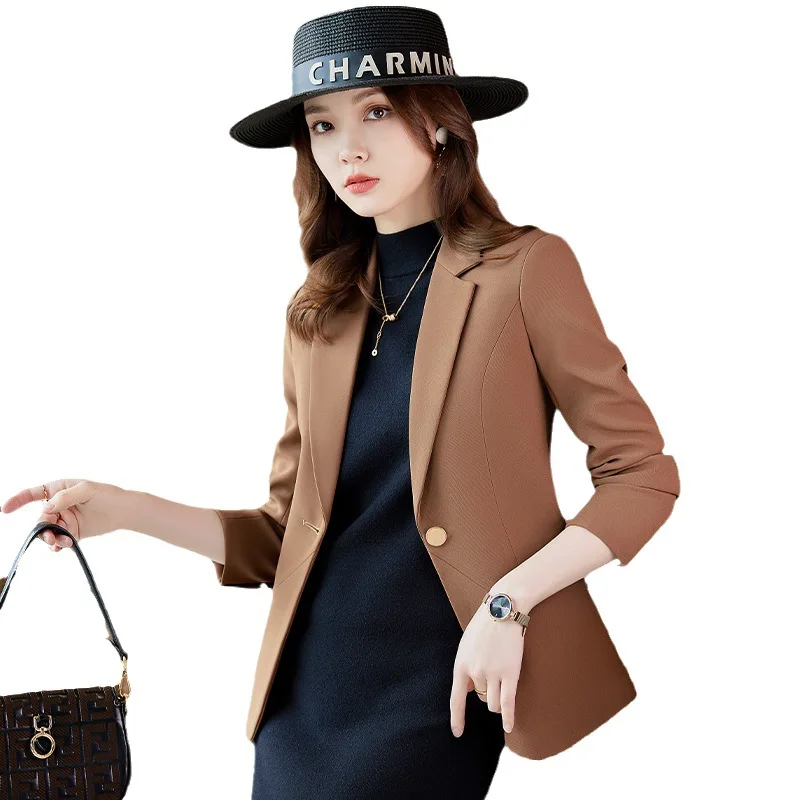 High Quality Coffee Beige Black Ladies Single Button Blazer Jacket Women Female Solid Long Sleeve Business Work Wear Formal Coat