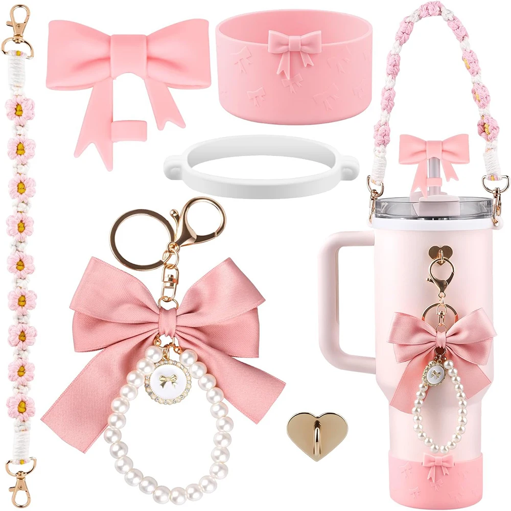 6pcs Accessories Set for Stanley Tumbler Cup Water Bottle Handle Strap Bow Siliocne Boot Straw Cover Cap Pearl Charms Heart Hook