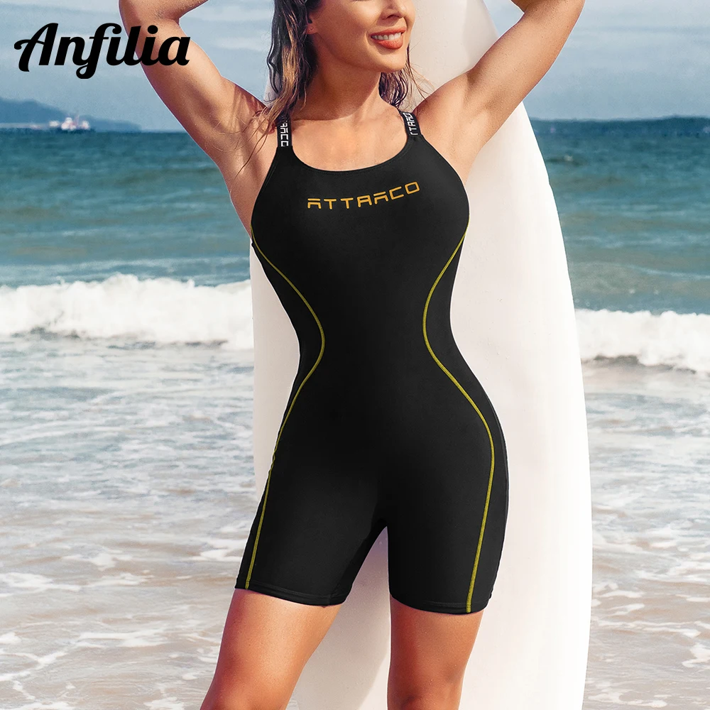 Anfilia One Piece Women Sports Swimwear Backless Boxer Conservative  Swimsuit Patchwork Beach Wear Bathing Suit