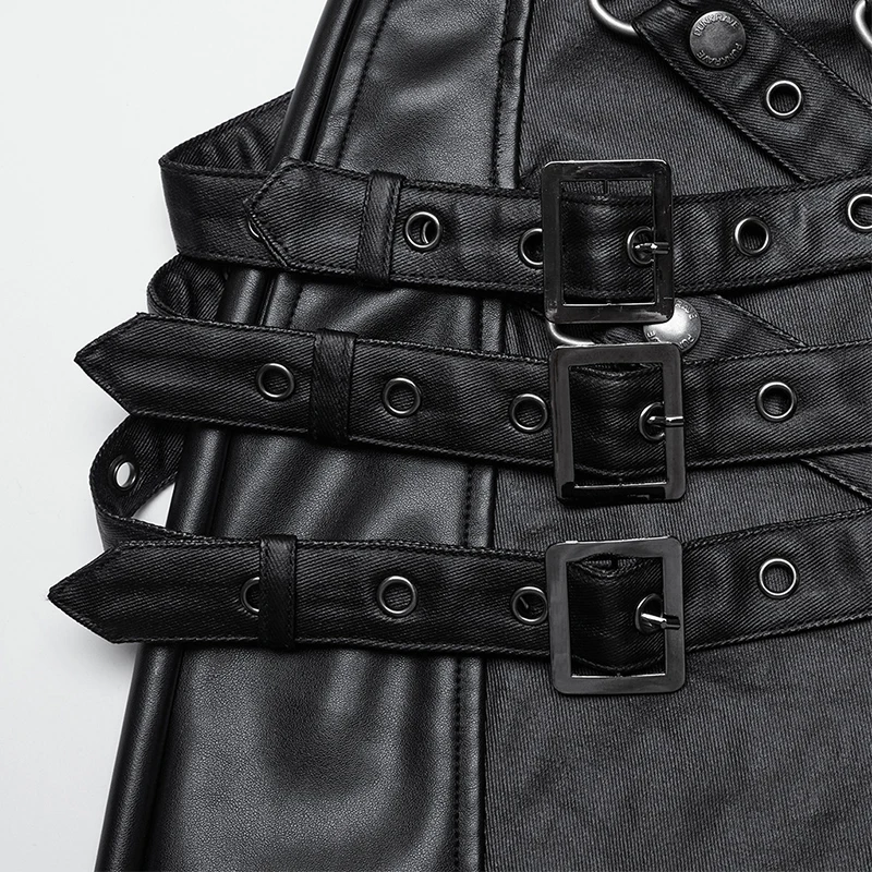 PUNK RAVE Men's Punk Street PU Leather Pants Staggered Buckle Loops Distinctive Personalized Cool Trousers Streetwear Men