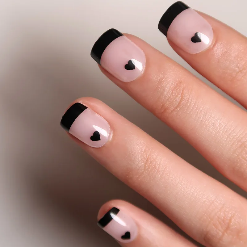 24 Stück Künstliche Nägel Mit French Tip – Schwarzer Rand, Herz-Glitzer, Zum Aufkleben, In 12 Größen, Inkl. Zubehör