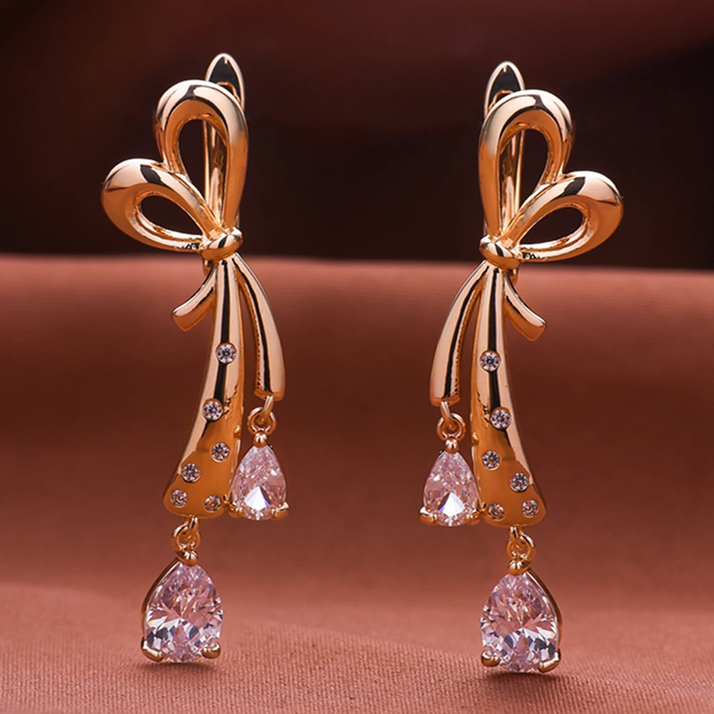 

Catuni Beautiful Bow Drop Earring Luxurious Natural Zircon Pendant 585 Rose Gold Color Earrings for Woman Girl Jewelry Present