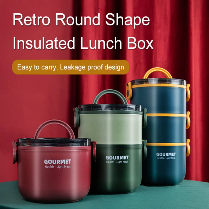 

304 stainless steel Scandinavian round heat preservation lunch box plastic student lunch box multi-layer can be heated lunch box