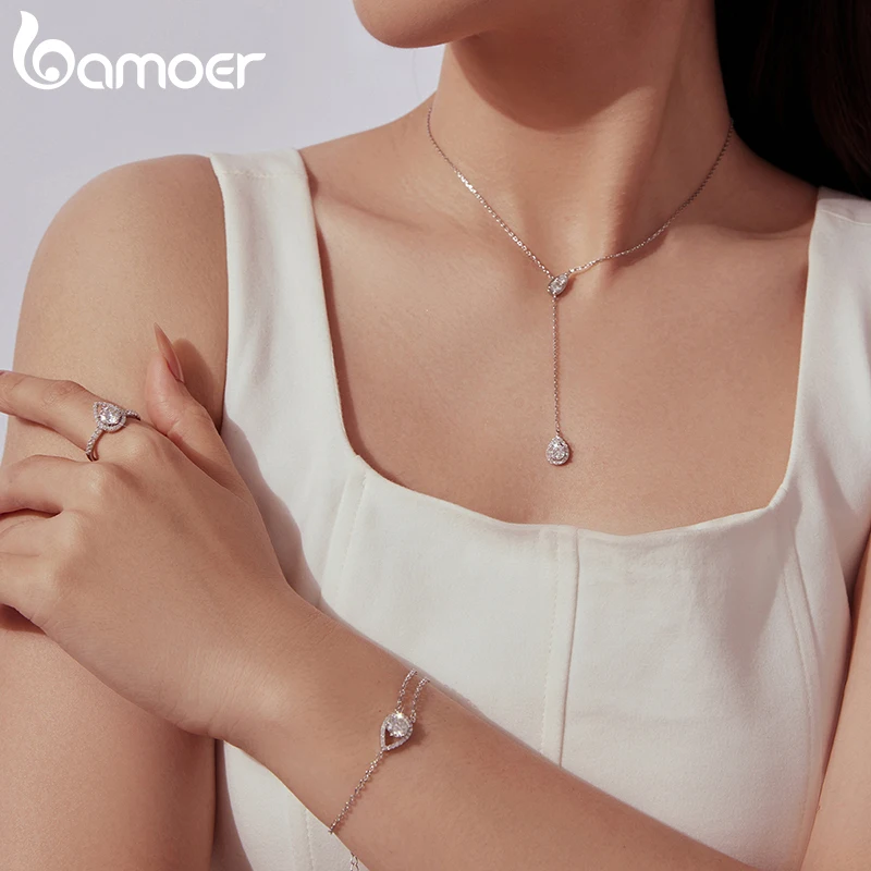 BAMOER 0.9-2.9CT Moissanite 목걸이 반지 페어 컷 물방울 팔찌 여성용 웨딩 쥬얼리 세트