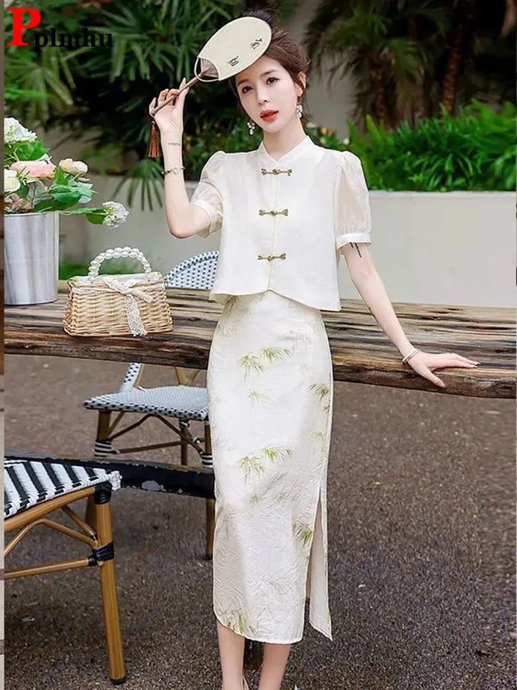 

Elegant Slim 2 Pieces Sets Women Single Breasted Design Short Cardigan Tops Conjuntos Summer Thin Chic Skinny Long Skirt Outfit