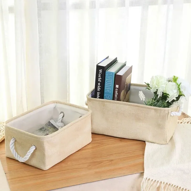 1Pc Beige/Grey Folding Storage Basket Linen Storage Fabric Wardrobe Office Bedroom Closet Toys Laundry Basket With Handle 4