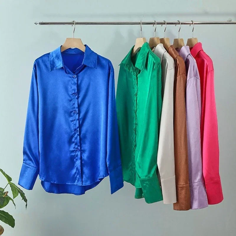 Silk Long Sleeve Women Shirt Casual Loose Button Up Blouse