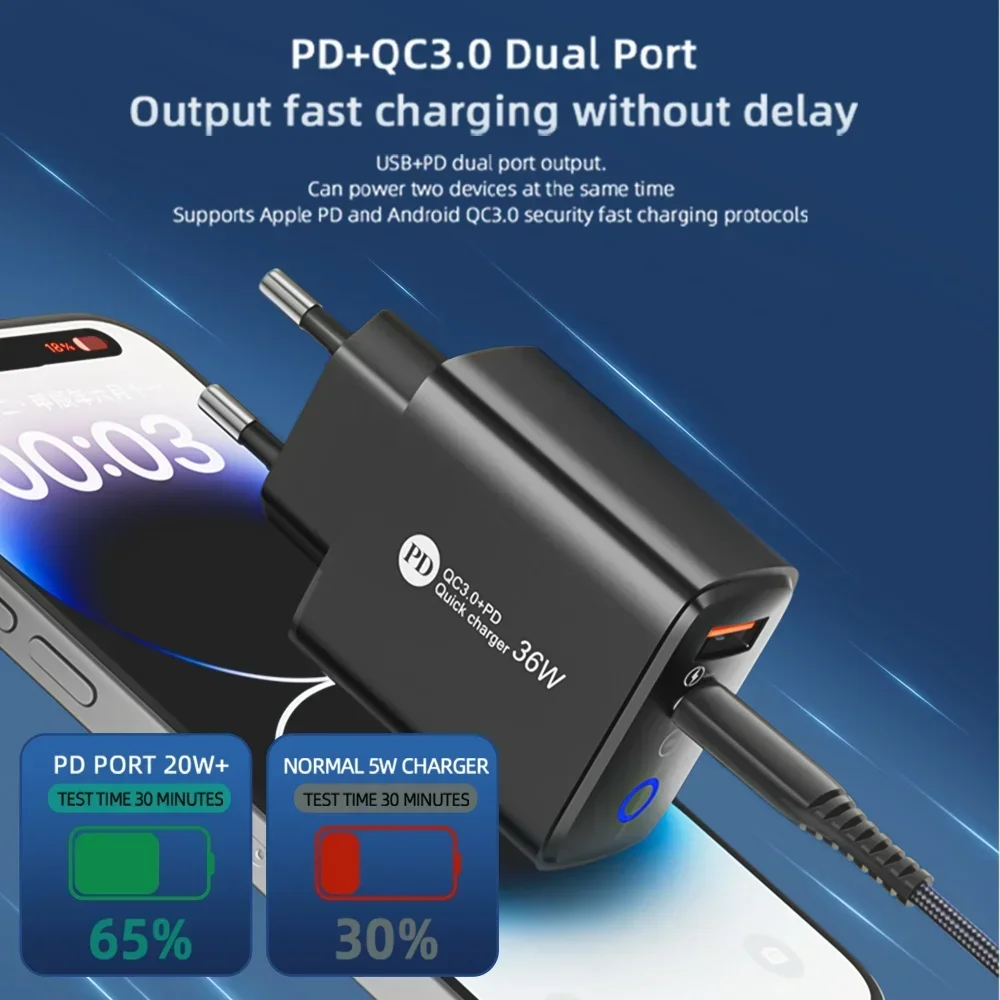 36W USB Charger Fast Charging Mobile Phone Charger Power Adapter For iPhone15 16 Xiaomi Samsung Huawei Quick Charge Wall Charger