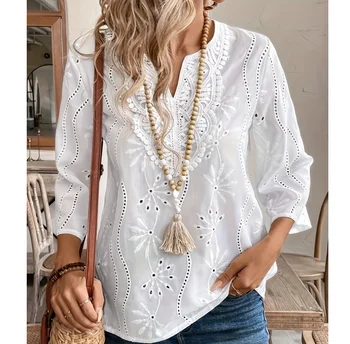 Women's Summer New Top Solid Sexy V-Neck Hollow Long Sleeve Shirt Fashion Splice Plus Size Blouse Loose Street Apparel 1