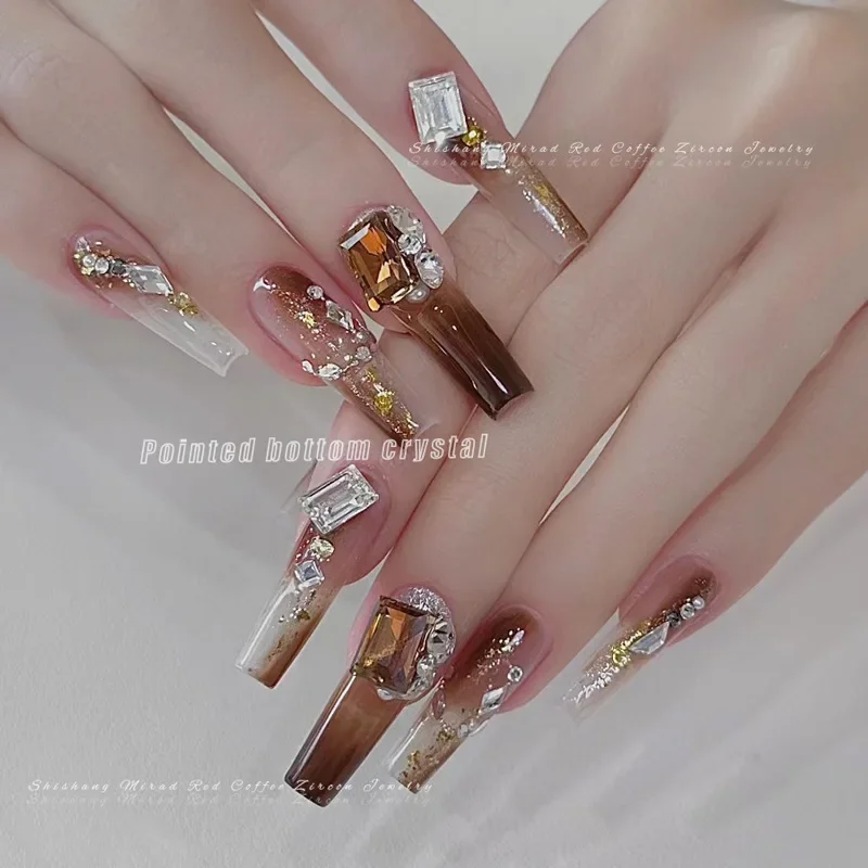 Maillard Brown Crystal Geometric Rhinestones Heart Snowflake Tip Bottom Zircon Pile Drill Nail Art Decoration Manicure Accessory 4