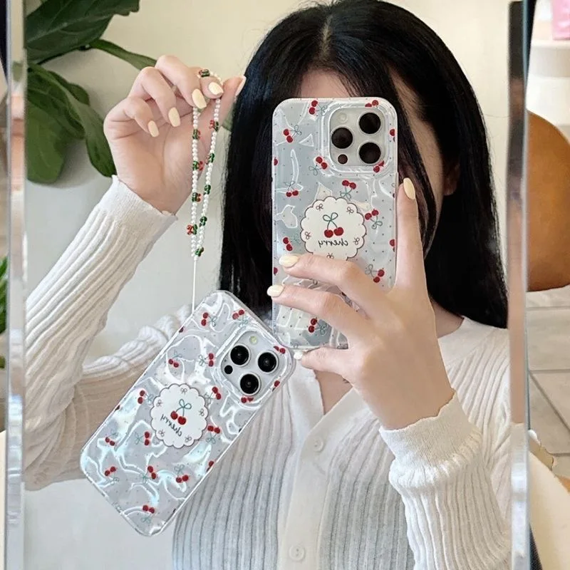 Retro Cherry Dazzle Lustre Lining Phone Case with Lanyard
