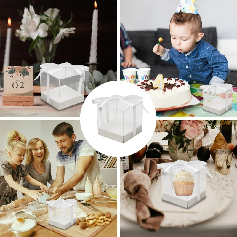 12Pcs PET Square Transparent Cupcake and Cake Boxes with Decorative Ribbons, Clear Plas... - SKU STCB1745 - UGI Packaging