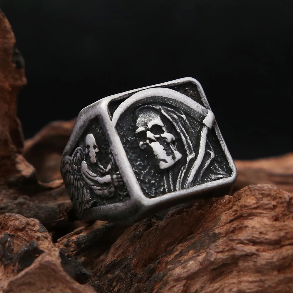 Gotico Vintage In Acciaio Inossidabile Scythe Death Skull Rings Per Uomo Donna Punk Biker Skull Ring Fashion Party Jewelry Gift All'Ingrosso