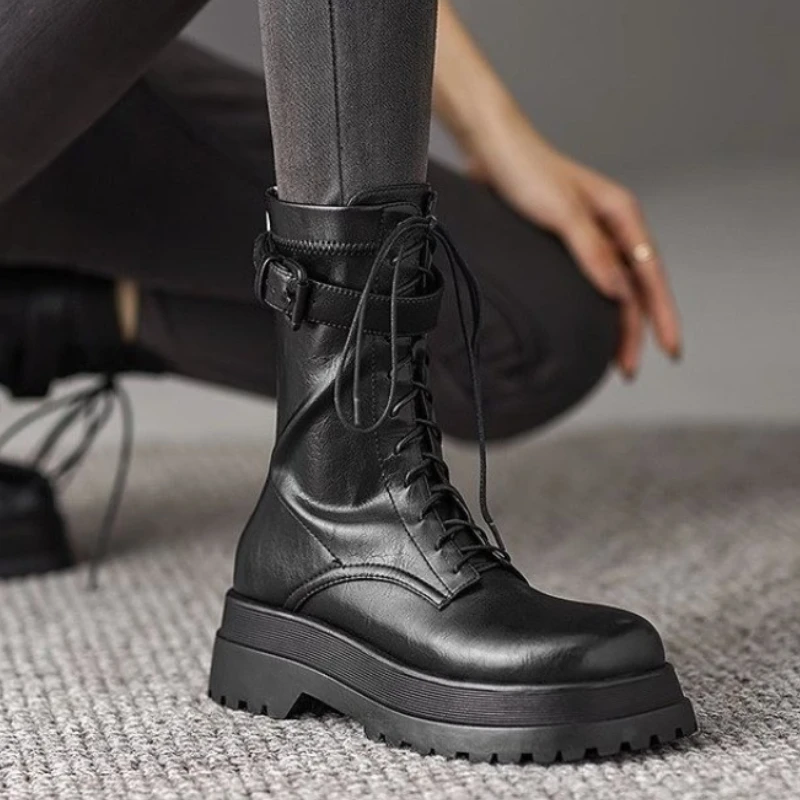 

Женские мотоциклетные ботинки, черные ботинки из мягкой кожи на танкетке, со шнуровкой, белые, для зимы, 2022