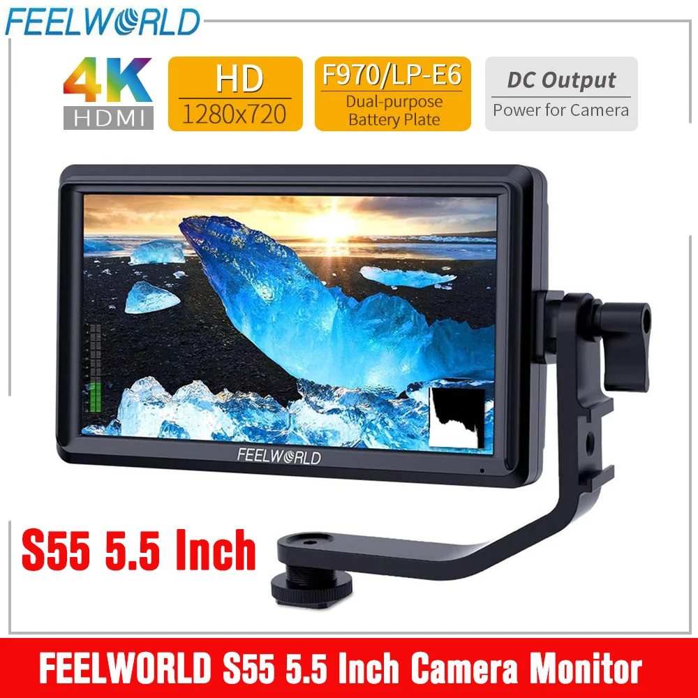 Feelworld S55 5.5 Pollici Dslr Camera Field Monitor Focus Assist Small Hd 1280X720 Ips Con 8.4V Dc Out Tilt Arm