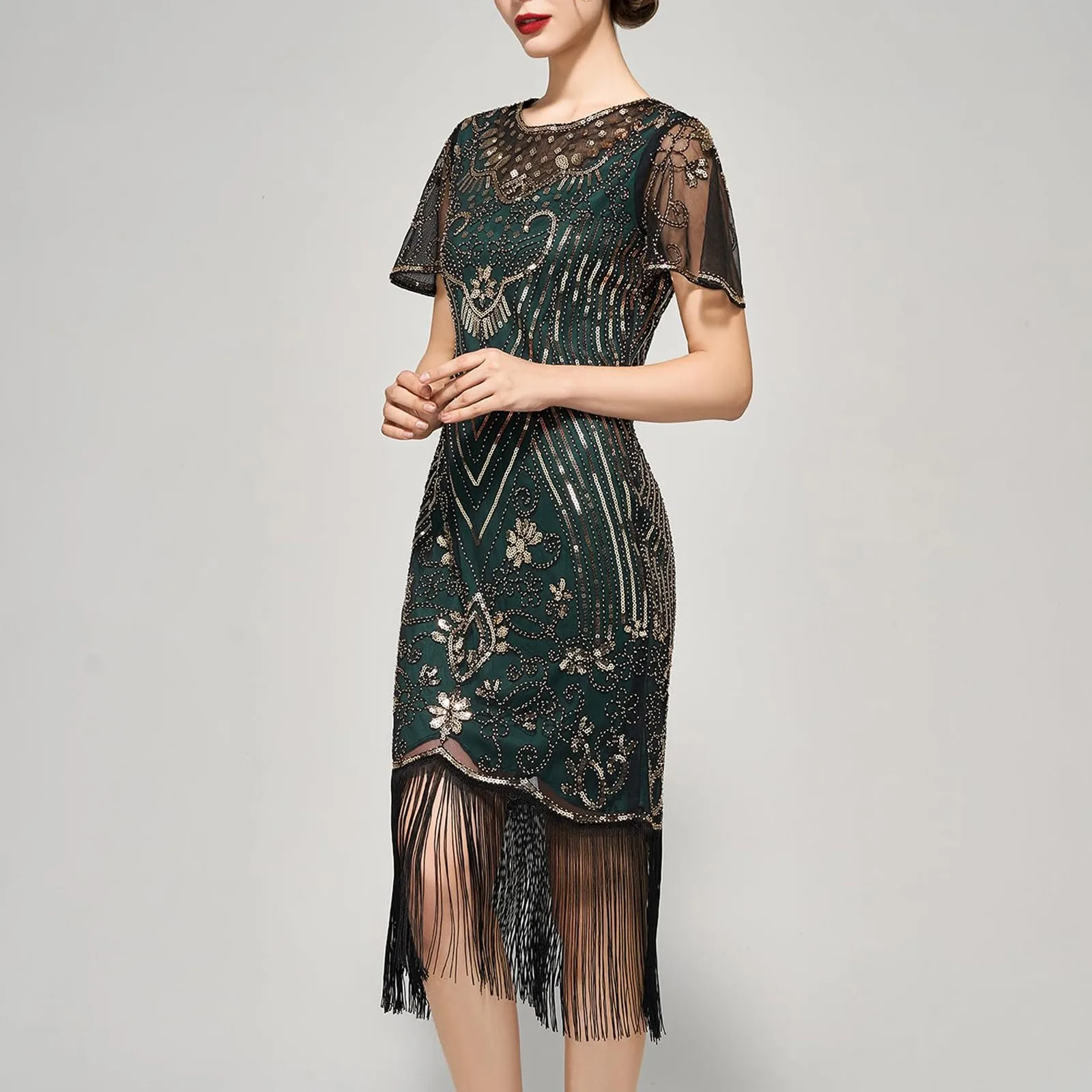 1920s Flapper Dress - Sequin Art Deco Gatsby Cocktail Dress With Sleeves - View #5