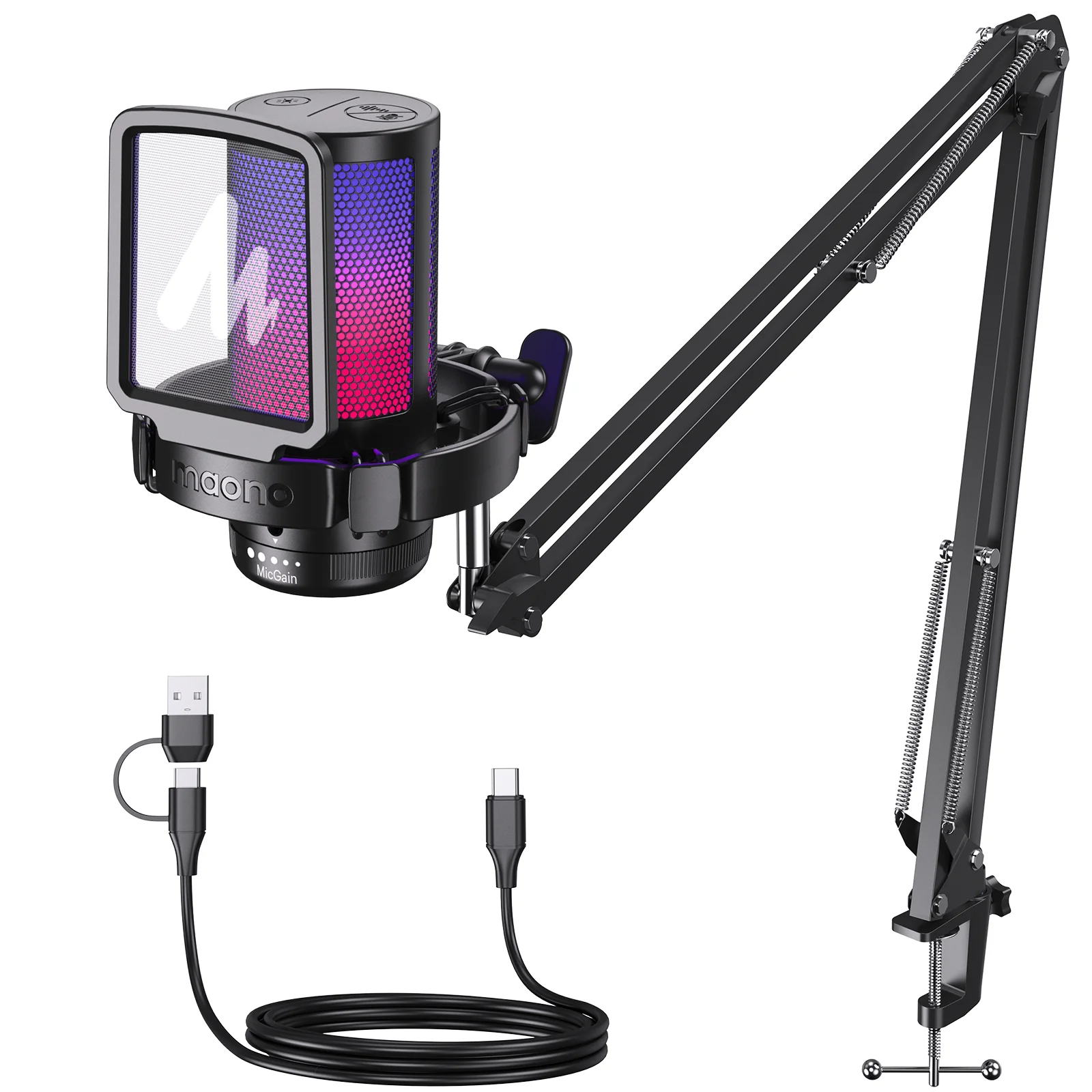 Maono Dgm20s Microfone Condensador Usb Rgb Cancelamento de Ruído com Microfone Luz Rgb Uma Tecla Mudo