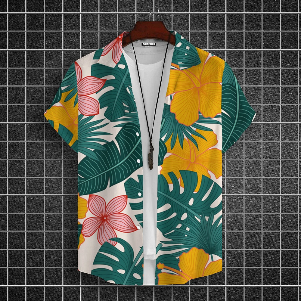 

Hawaii Shirt Hundred New Mens Lapel Shirt Casual Youth Short Sleeve Tops Men's 3d Leaf Print Pattern Oversized Blouse