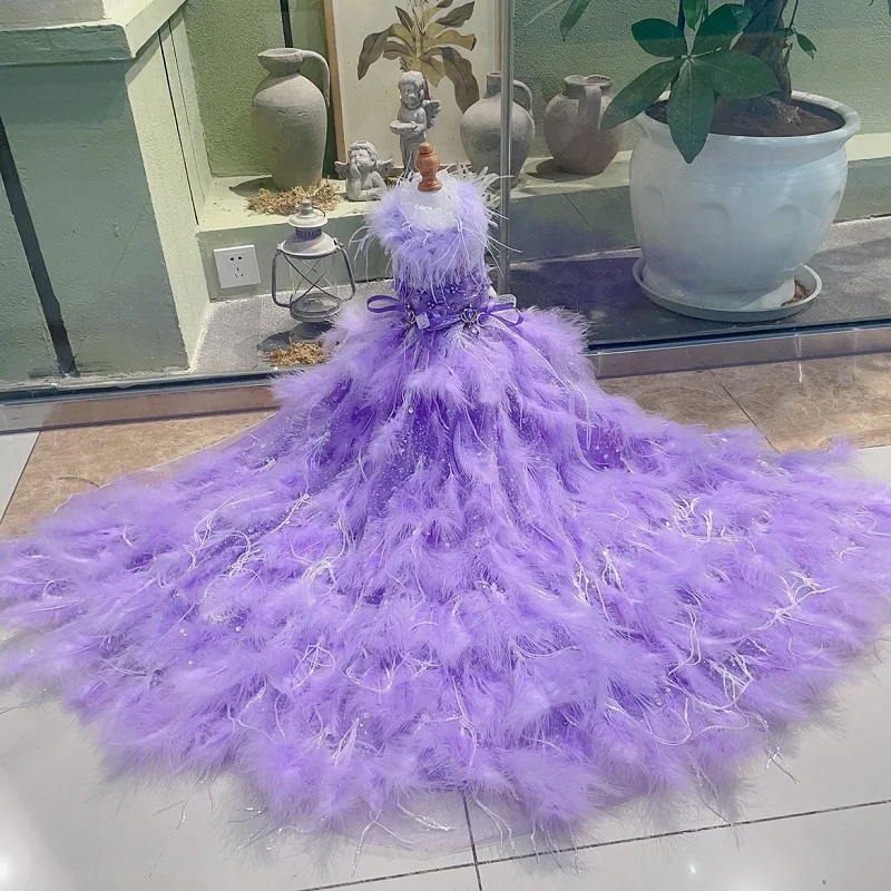 

Handicraft Dog Clothes Pet Supplies Elegant Violet Swan Luxury Trailing Dress Gorgeous Feather Sequin Skirt Unique Evening Gown