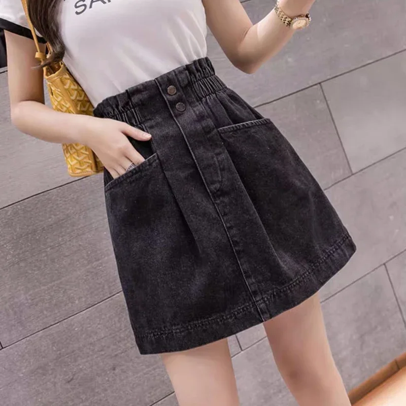 New Elastic Waist 2023 Female A-line Sexy Blue Skirts Summer Pockets Design All-match Women Mini Denim Skirts Casual Streetwear pengpious 2022 new denim jumpsuit vintage washed big pockets loose design letters printed fashion women jeans overalls