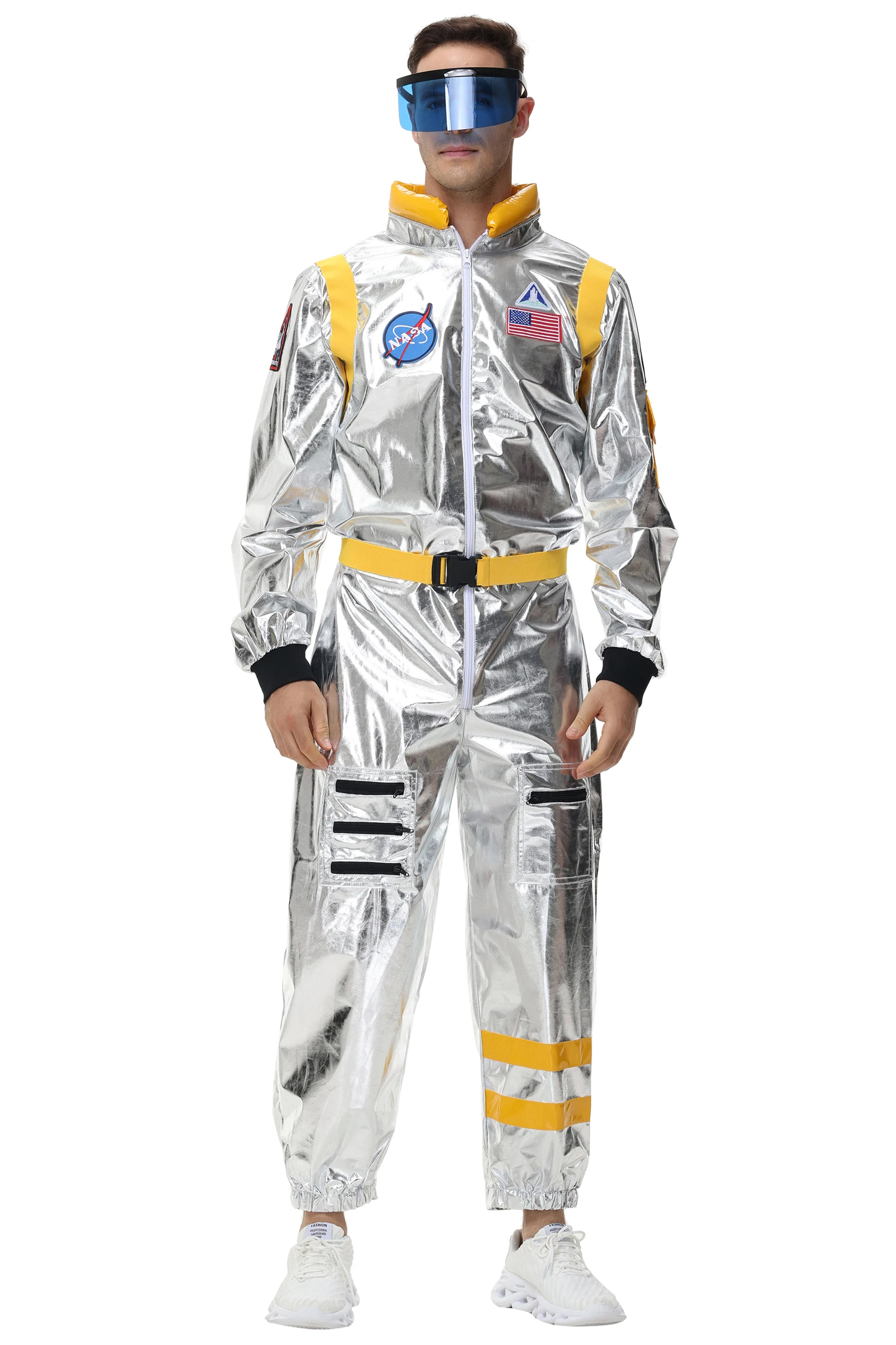 Astronaut suit displayed against white background