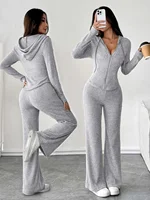 Fashionable Casual Women's Solid Color Hooded Zipper Top And Loose Flared Pants Set Streetwear Style Comfortable Outfit - Image 4