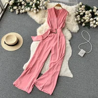 Summer Women Long Jumpsuits V Neck Sleeveless Belt Design Zipper Loose Wide Legs Pants 2024 New Fashion OL Bodysuits - Image 6