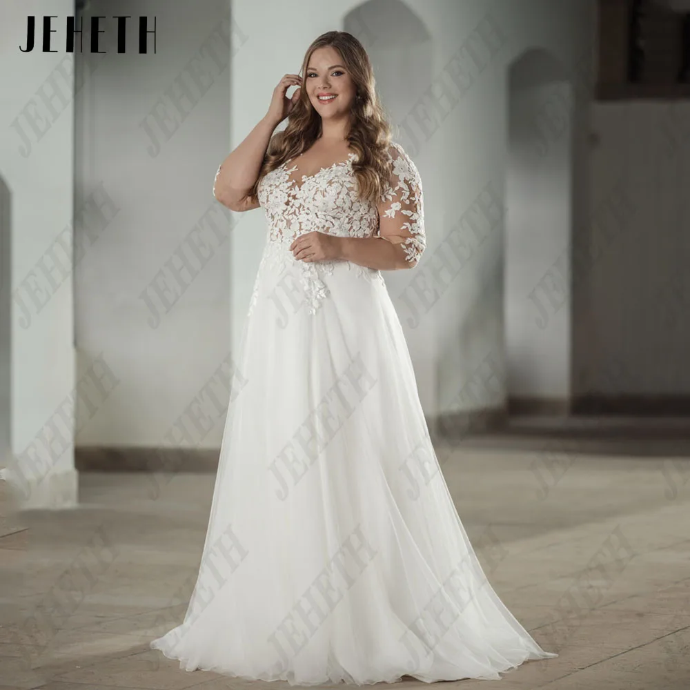 

JEHETH Civil Plus Size Wedding Dresses For Woman Illusion Back Lace Applique Bride Gowns Classic A-Line Tulle vestidos de novia