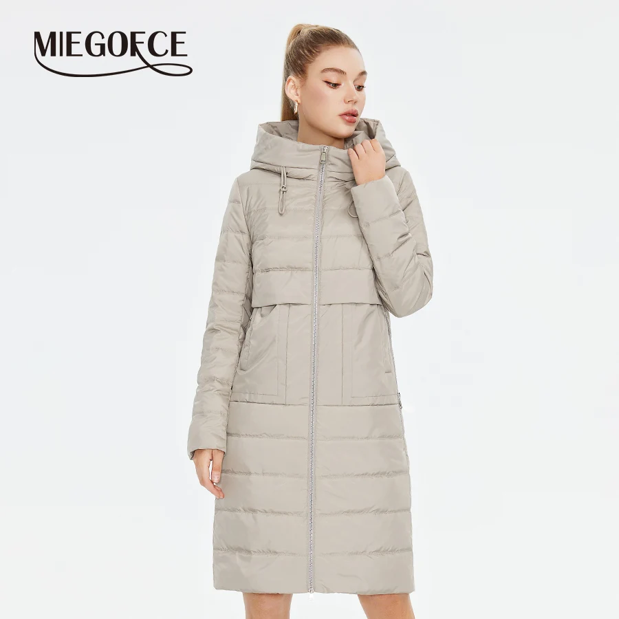 

MIEGOFCE 2024 New Spring Autumn Women's Long Coat Long Sleeve Quilted Female Solid Color Jacket Windproof Hooded Parka C23609