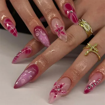 24PCS Simple Almond False Nails 3D Sweet Flower White French Press on Nails Full Cover Artificial Detachable Manicure Nail Tips