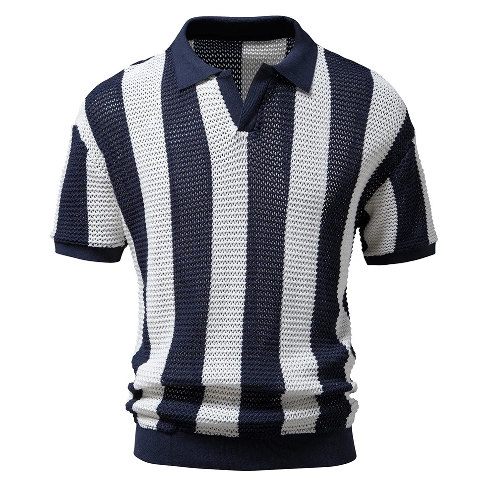 

2023 Summer New Men's Lapel Polo Shirt Hollow Out Short Sleeve Mesh Men's Fashion Stripe Shirt Euro Size Vintage Pullover