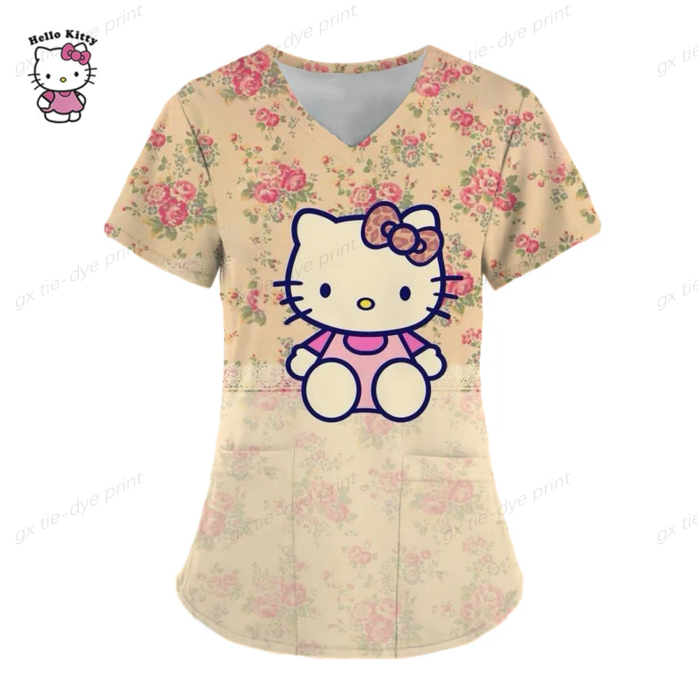 thumbnail image 1 of Uniforme de enfermera con estampado de Hello Kitty para mujer, uniforme de enfermería con bolsillo, camisa de trabajo para enfermeras, personal de enfermería, 1 of 4