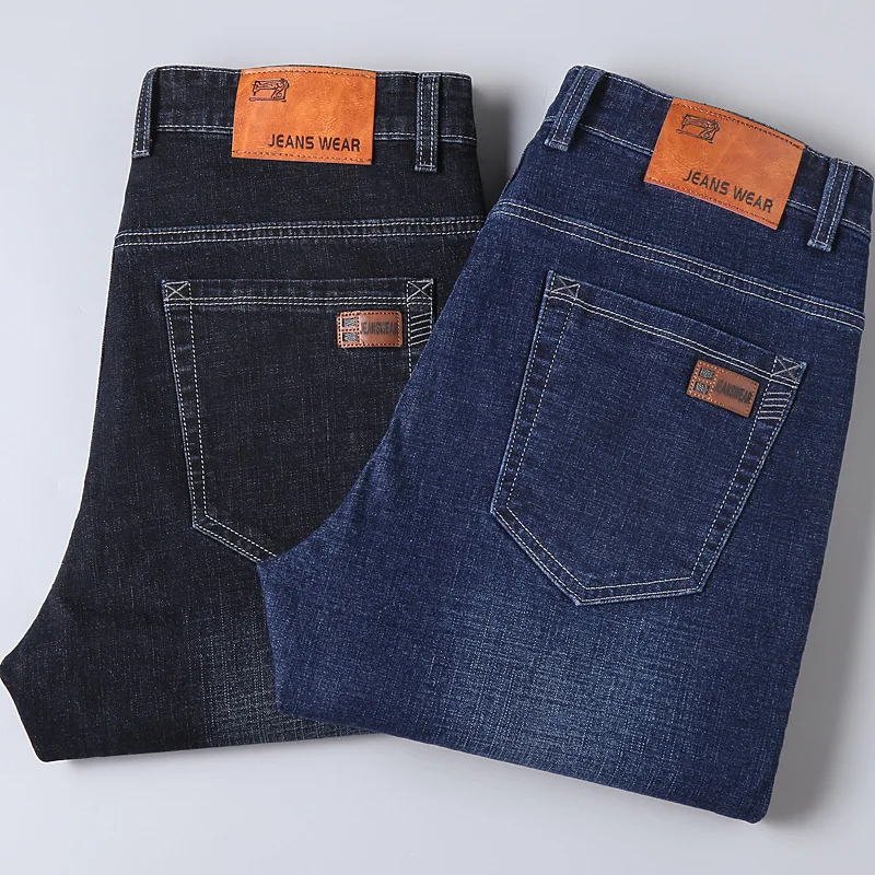 

8853 Business Casual Men's Solid Color Blue Black Denim Pants Large Size Premium Straight Classical Jeans Teens Stretchy Trouser