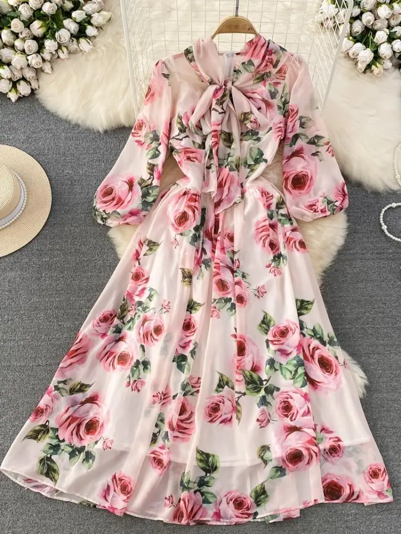 

New In Autumn Winter Women Dresses Full Sleeve Flower Print Ladies Girls Evening Dress Birthday Party Fairy Frock Dairy Vestidos